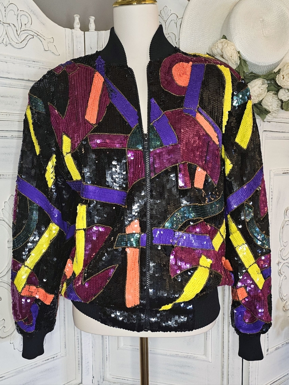 Lawrence Kazer Black Multi Vintage 80s Geo Abstract Sequin Bomber Jacket